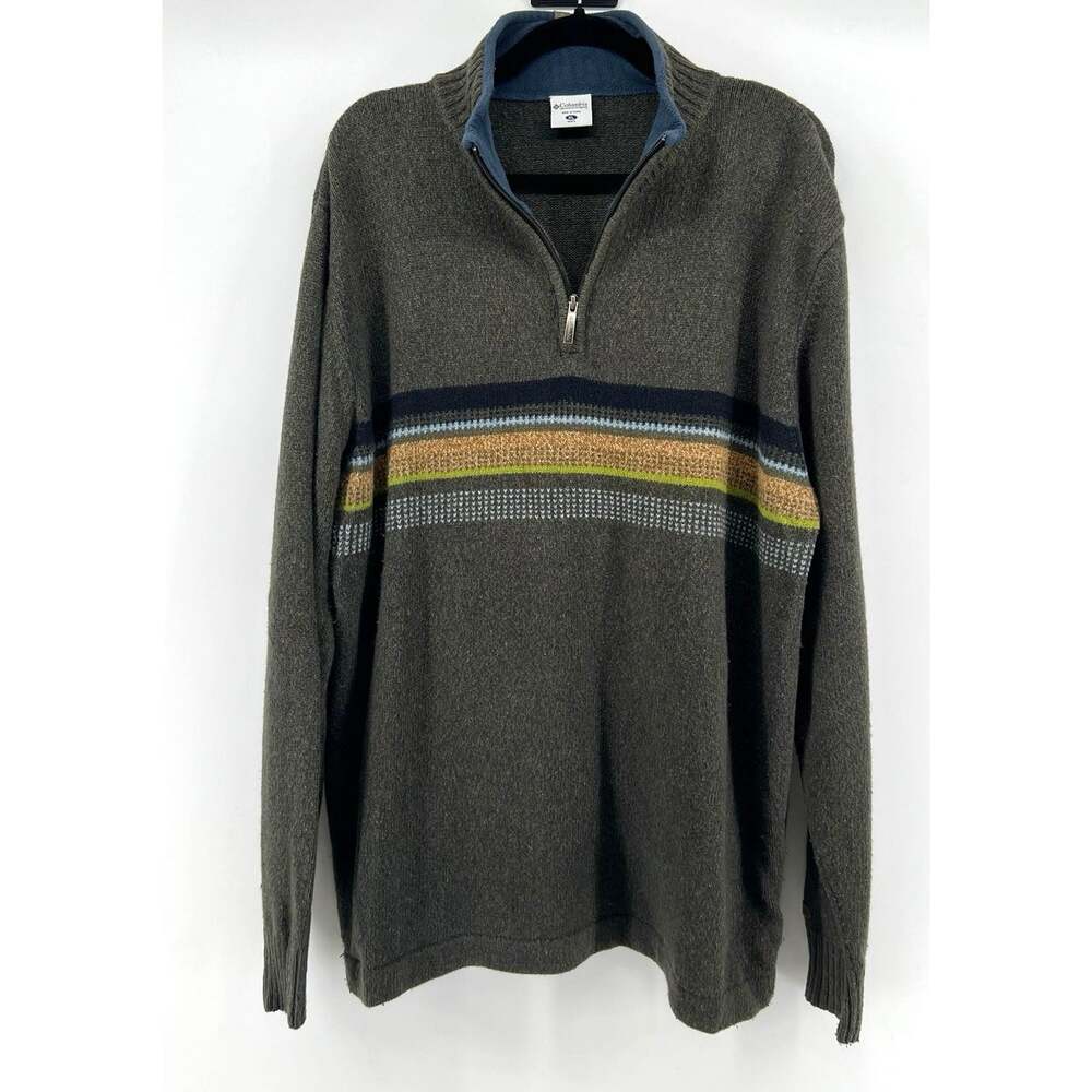 Columbia Wool Blend Quarter Zip Sweater Knit Green Stripe Orange Men's XL